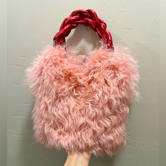 Genuine Curly Lamb Fur Handmade Leather Braided Handles Tote Bag, Crossbody - Picture 1 of 16